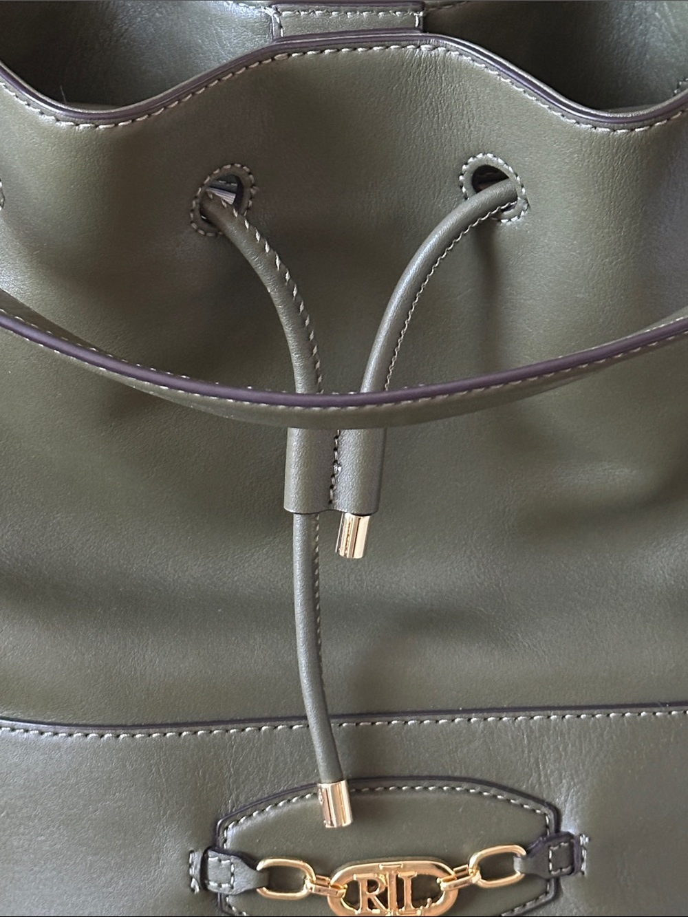 Lauren Ralph Lauren Green Leather Drawstring Bucket Shoulder Bag Gold Hardware - Picture 3 of 15